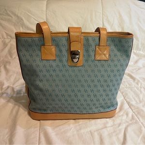 Dooney & Bourke Blue Monogram Canvas Tote with Tan Leather Trim